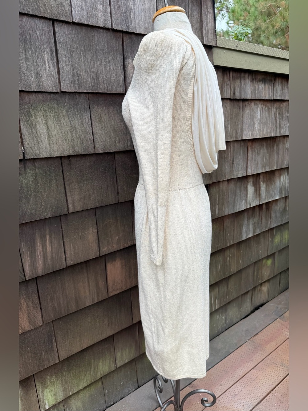 Vintage St. John Santana knit ivory dress backless scoop with scarf draped Sz S - Picture 3 of 11